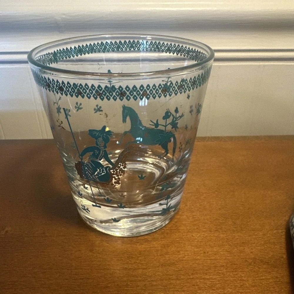 Vintage Cera Persian‎ Low Ball Glass Polo Players Turquoise & Gold
